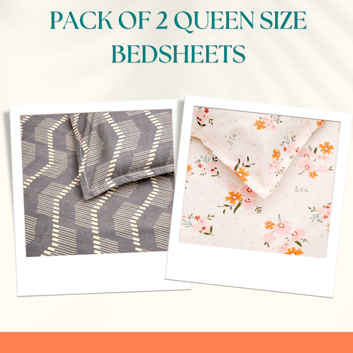 Pack of 2 Queen Size Bedsheets 90" x 100" - Rhthym and Dainty Bloom - Coral Slub - 