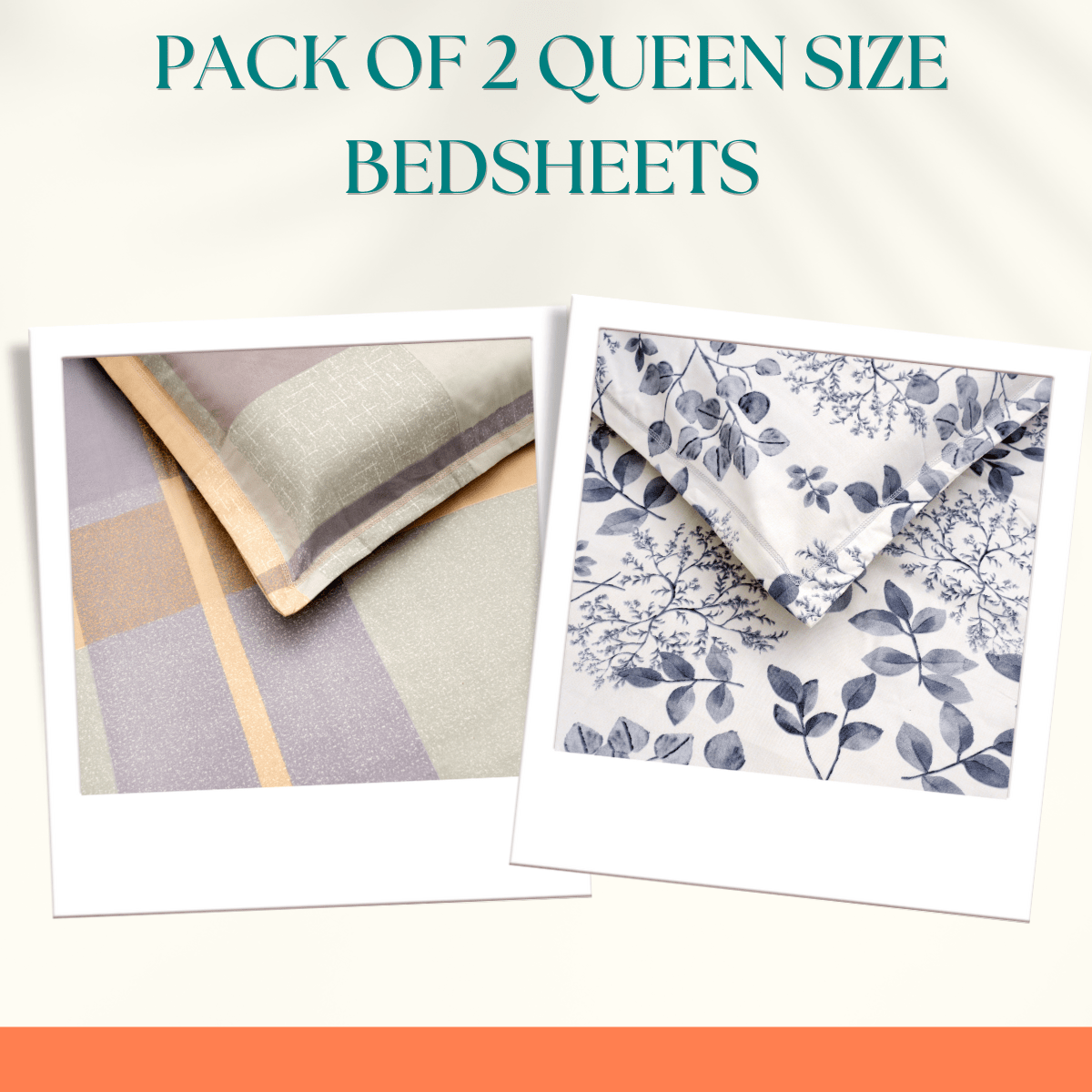 Pack of 2 Queen Size Bedsheets – Pastel Plaid & Shadow Flora - Coral Slub - 