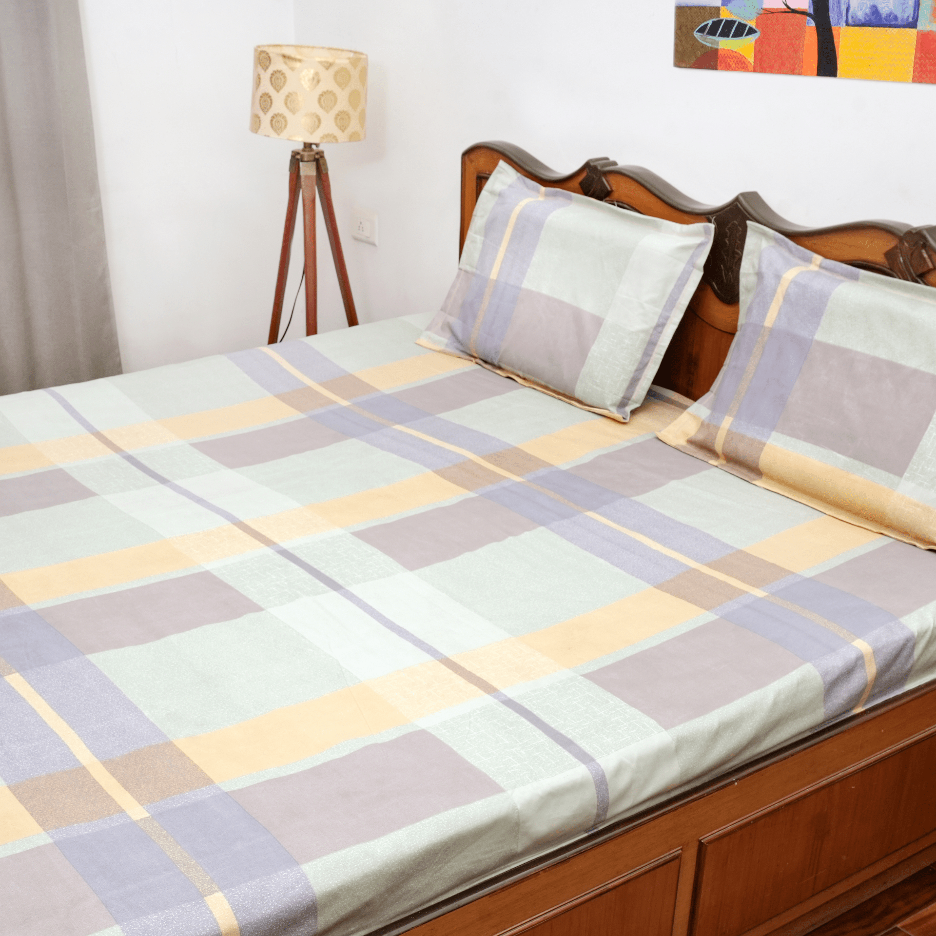 Pack of 2 Queen Size Bedsheets – Pastel Plaid & Shadow Flora - Coral Slub - 