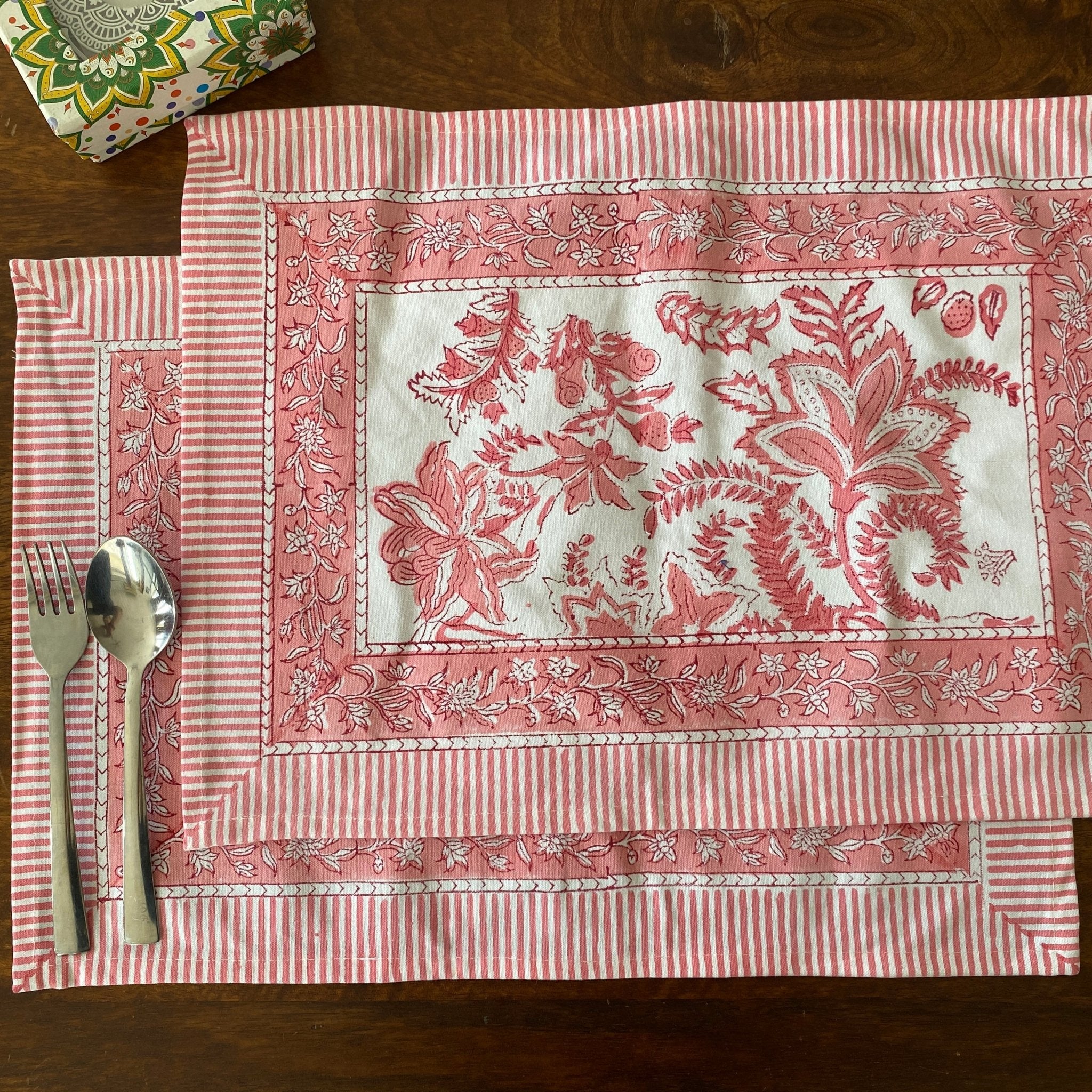 Padma Hand Block Print Placemats, 12" x 18", Set of 6 - Coral Slub - 