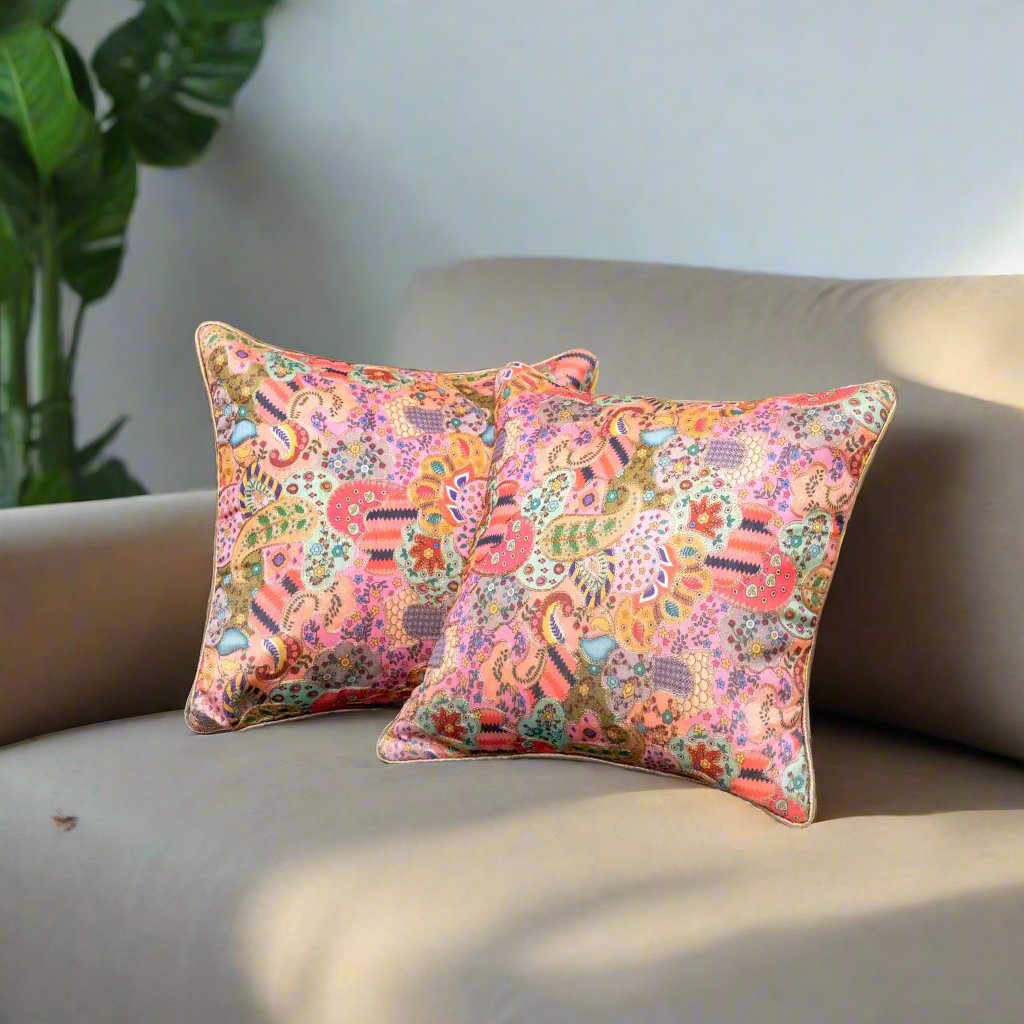Paisley Pop Cushion Cover, Pack of 2, 16" x 16" - Coral Slub - 