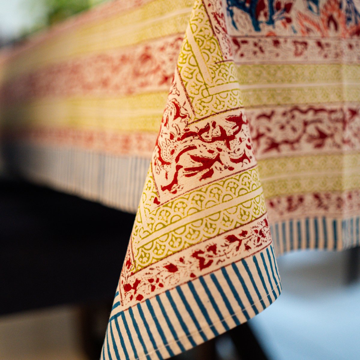 Pankhuri 6 Seater Dining Table Cover, Block Print, 100% Cotton, 60" x 90" - Coral Slub - 