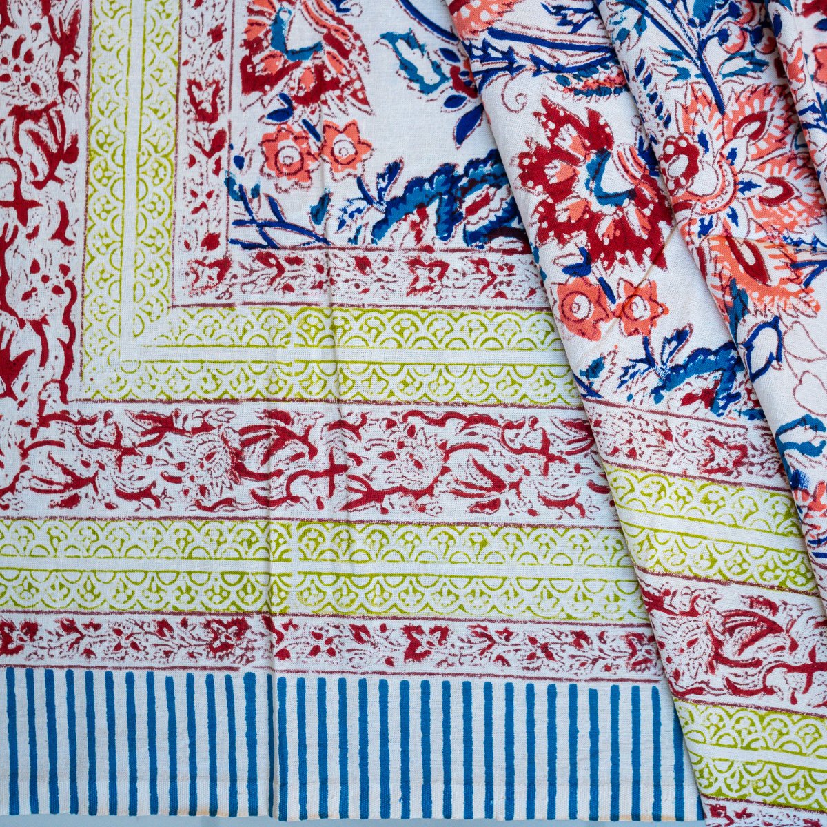 Pankhuri 6 Seater Dining Table Cover, Block Print, 100% Cotton, 60" x 90" - Coral Slub - 