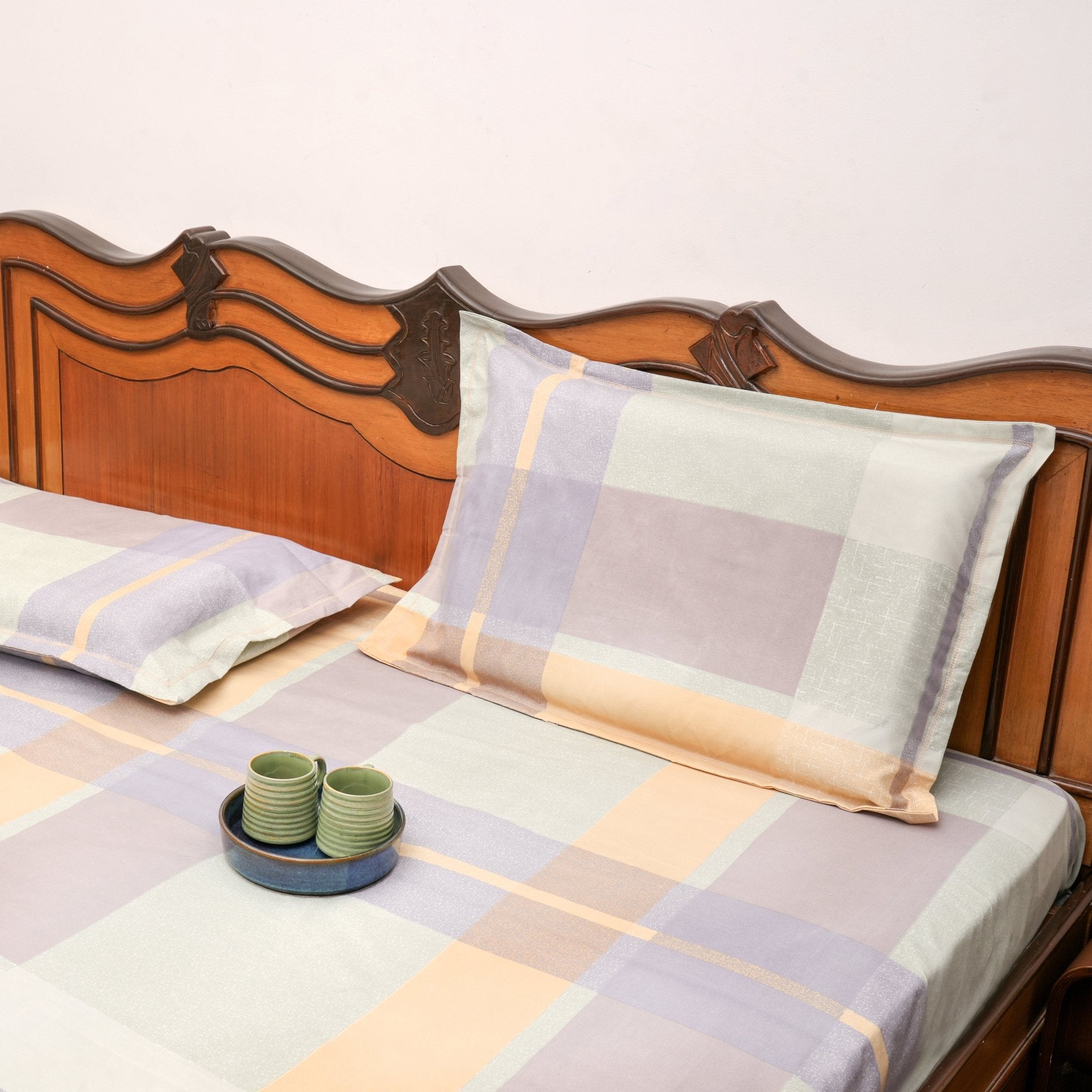 Pastel Plaids Double Bed Sheet Set, 90" x 100" - Coral Slub - 