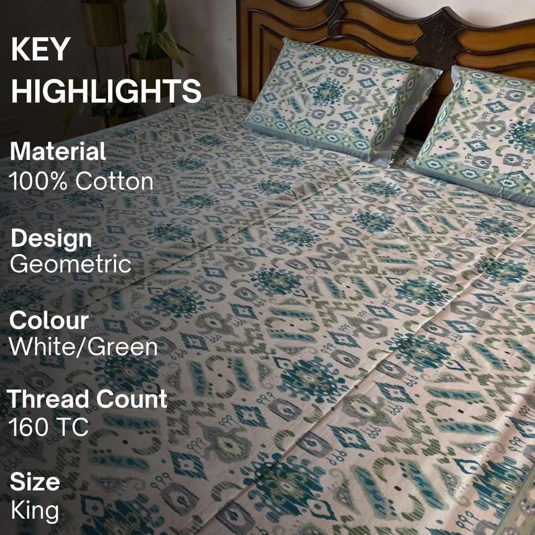 Patola Ikat Print Bedsheet Set, King Size, 100" x 108" - Coral Slub - 