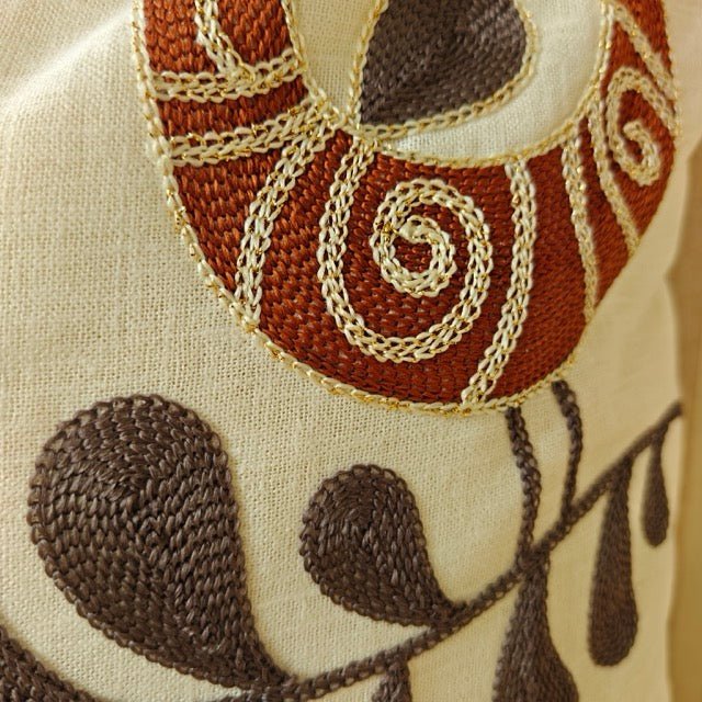 Peacock Embroidery Cushion Cover, 16" x 16", Pack of 1 - Coral Slub -