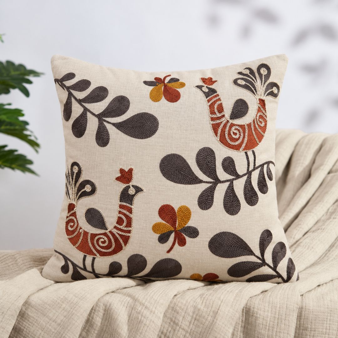 Peacock Embroidery Cushion Cover, 16" x 16", Pack of 1 - Coral Slub -