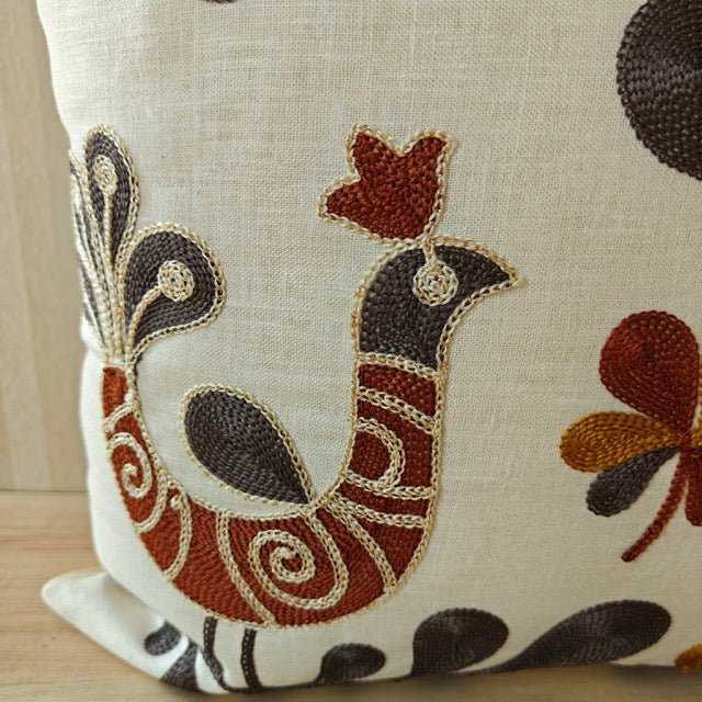Peacock Embroidery Cushion Cover, 16" x 16", Pack of 1 - Coral Slub -