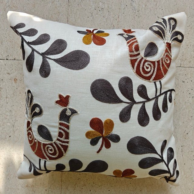Peacock Embroidery Cushion Cover, 16" x 16", Pack of 1 - Coral Slub -