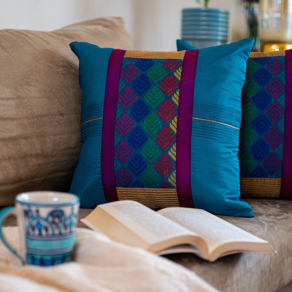 Peacock Teal Cushion Cover, 16" x 16", Pack of 1 - Coral Slub - 