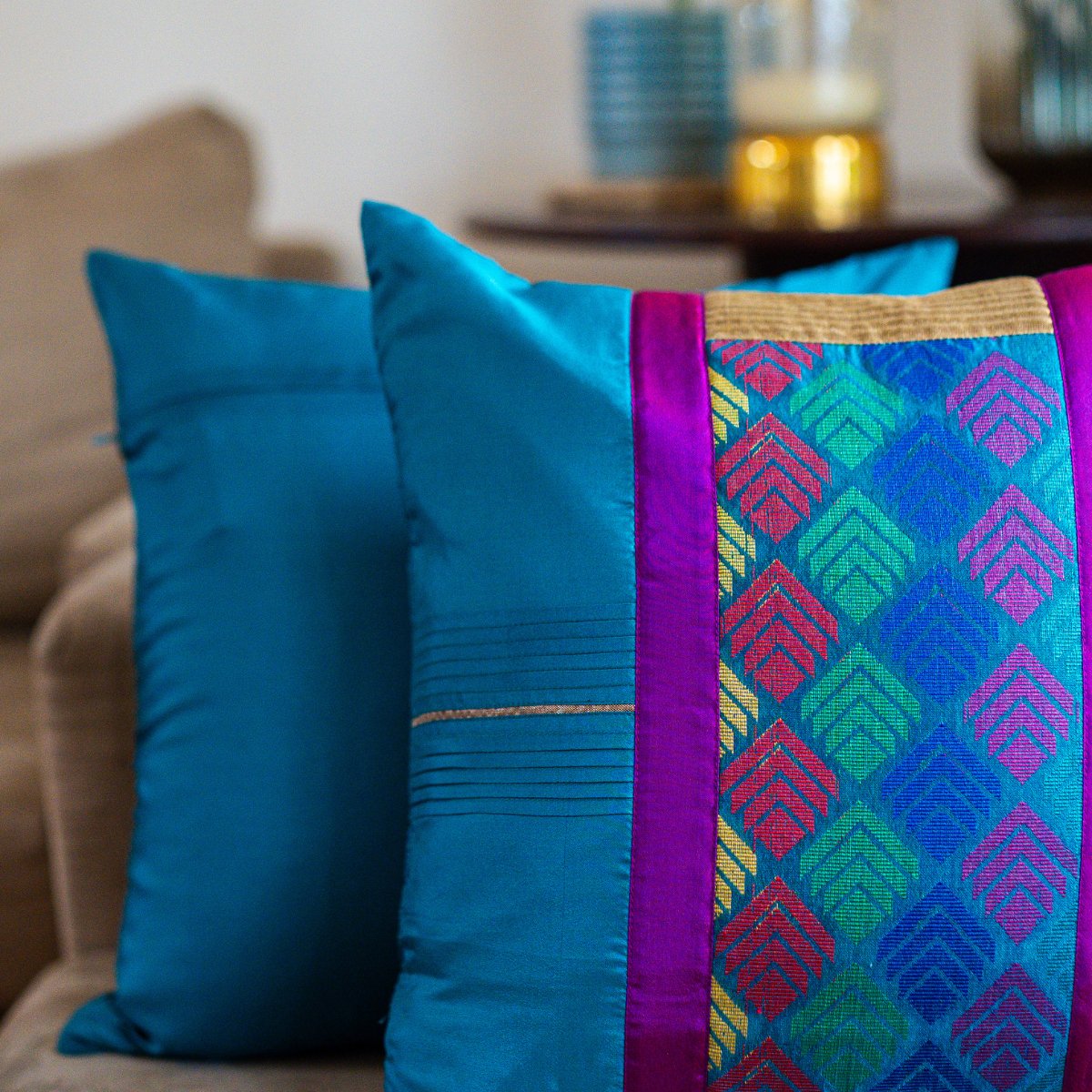 Peacock Teal Cushion Cover, 16" x 16", Pack of 1 - Coral Slub - 