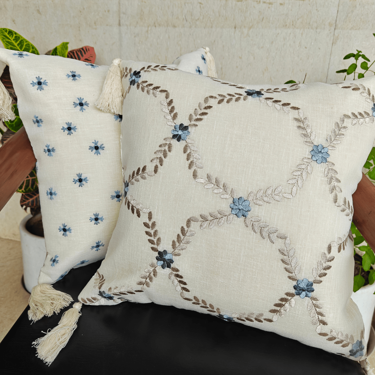 Pearl Cushion Cover Set – Tissue Fabric – 16" x 16" (Set of 2 Designs) - Coral Slub - 