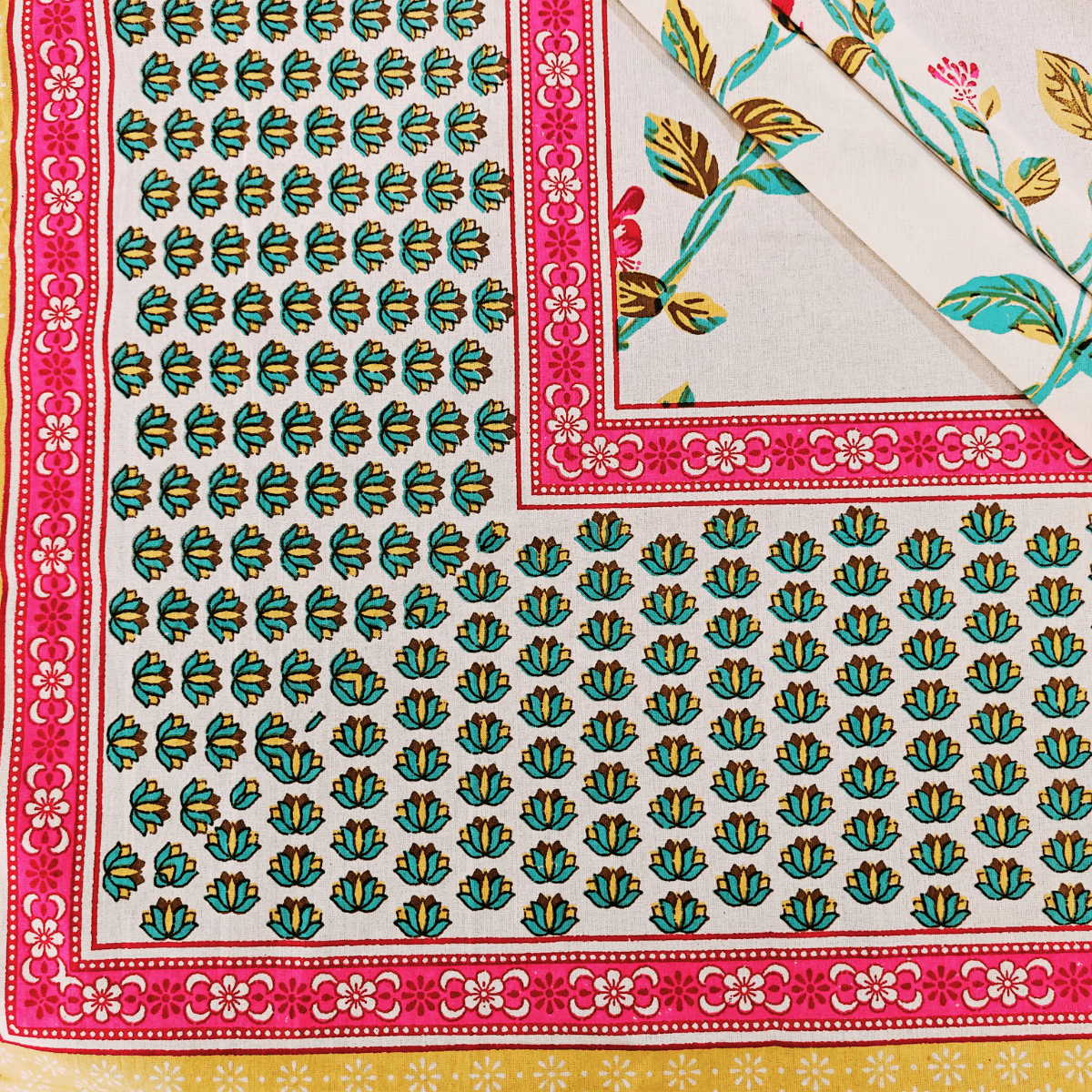 Peony 6 Seater Dining Table Cover, Block Print, 100% Cotton, 60" x 90" - Coral Slub - 