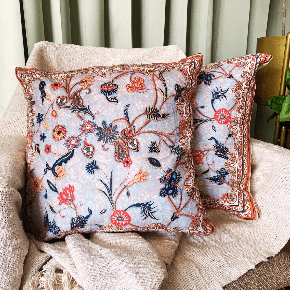 Persian Flower Cushion Cover, 16" x 16", Pack of 2 - Coral Slub - 