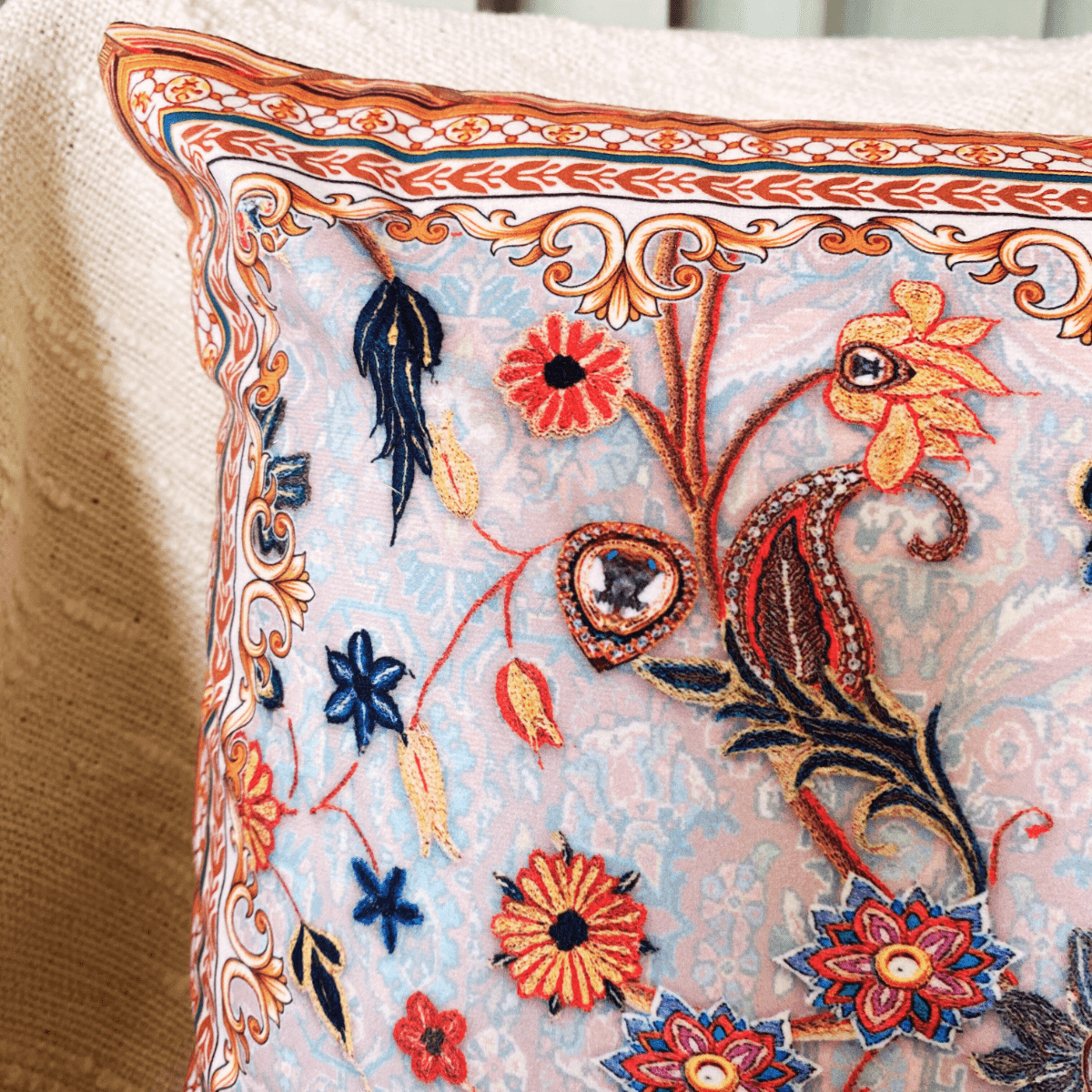 Persian Flower Cushion Cover, 16" x 16", Pack of 2 - Coral Slub - 