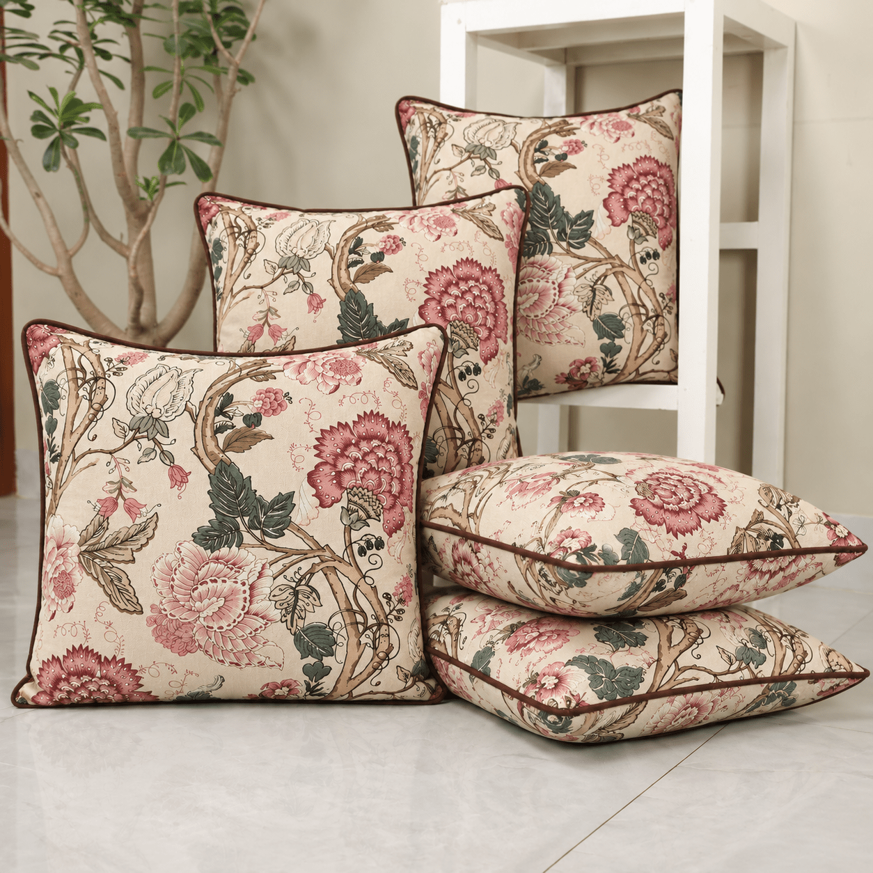 Petal Whisper Printed Cushion Covers, 16" x 16", Pack of 5 - Coral Slub -