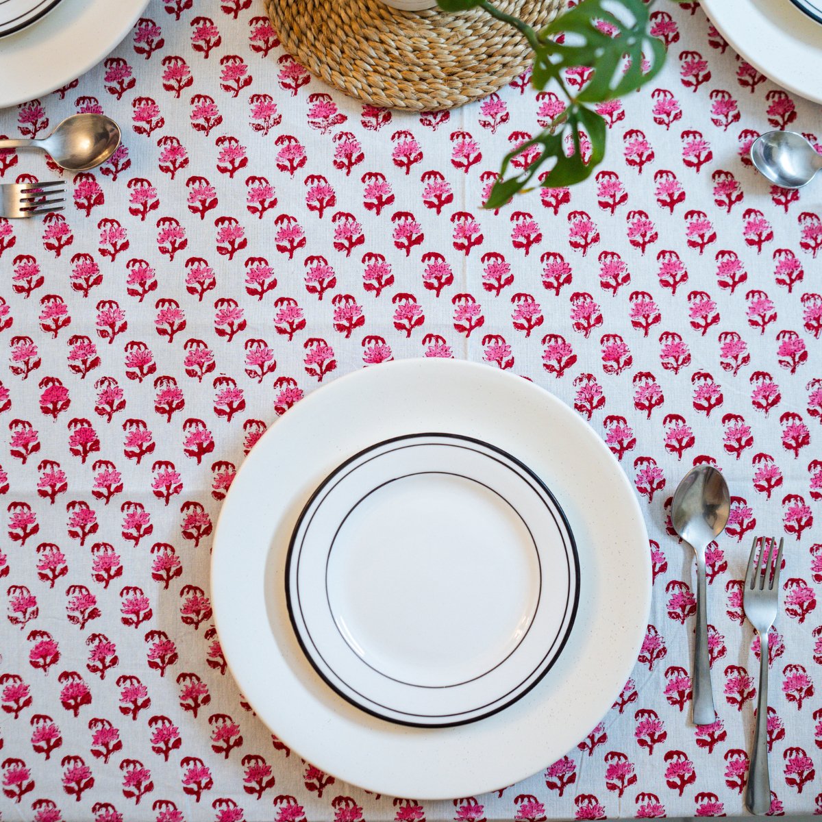 Petals 6 Seater Dining Table Cover, Block Print, 100% Cotton, 60" x 90" - Coral Slub - 