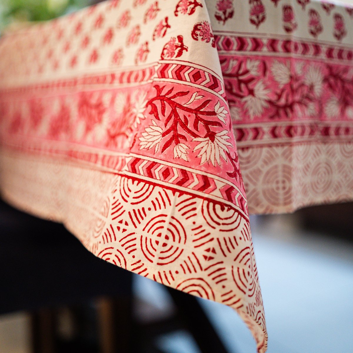 Petals 6 Seater Dining Table Cover, Block Print, 100% Cotton, 60" x 90" - Coral Slub - 