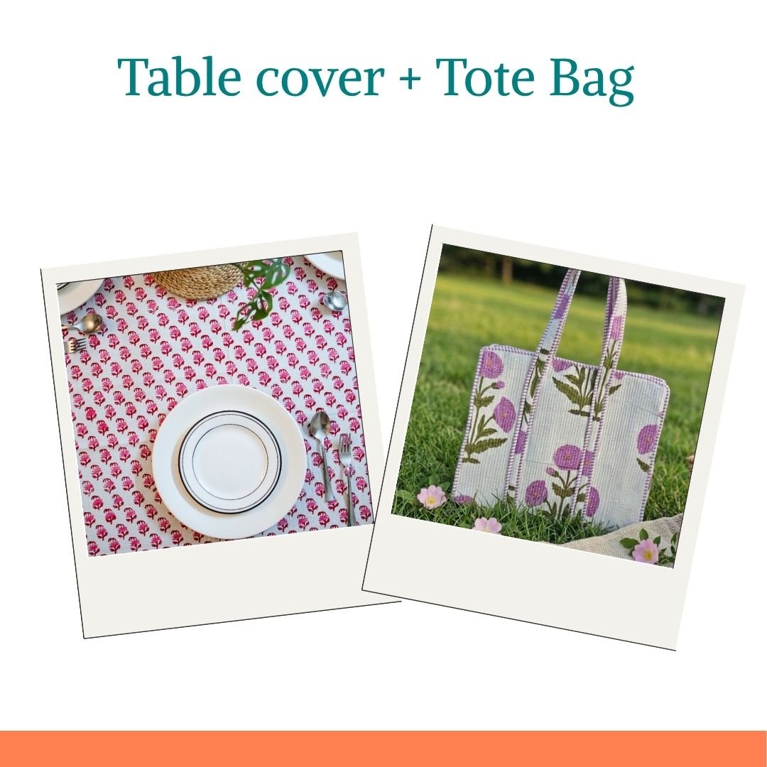 Petals & Saanjh Lifestyle Combo – Hand Block Print Dining Table Cover & Floral Cotton Tote Bag - Coral Slub -