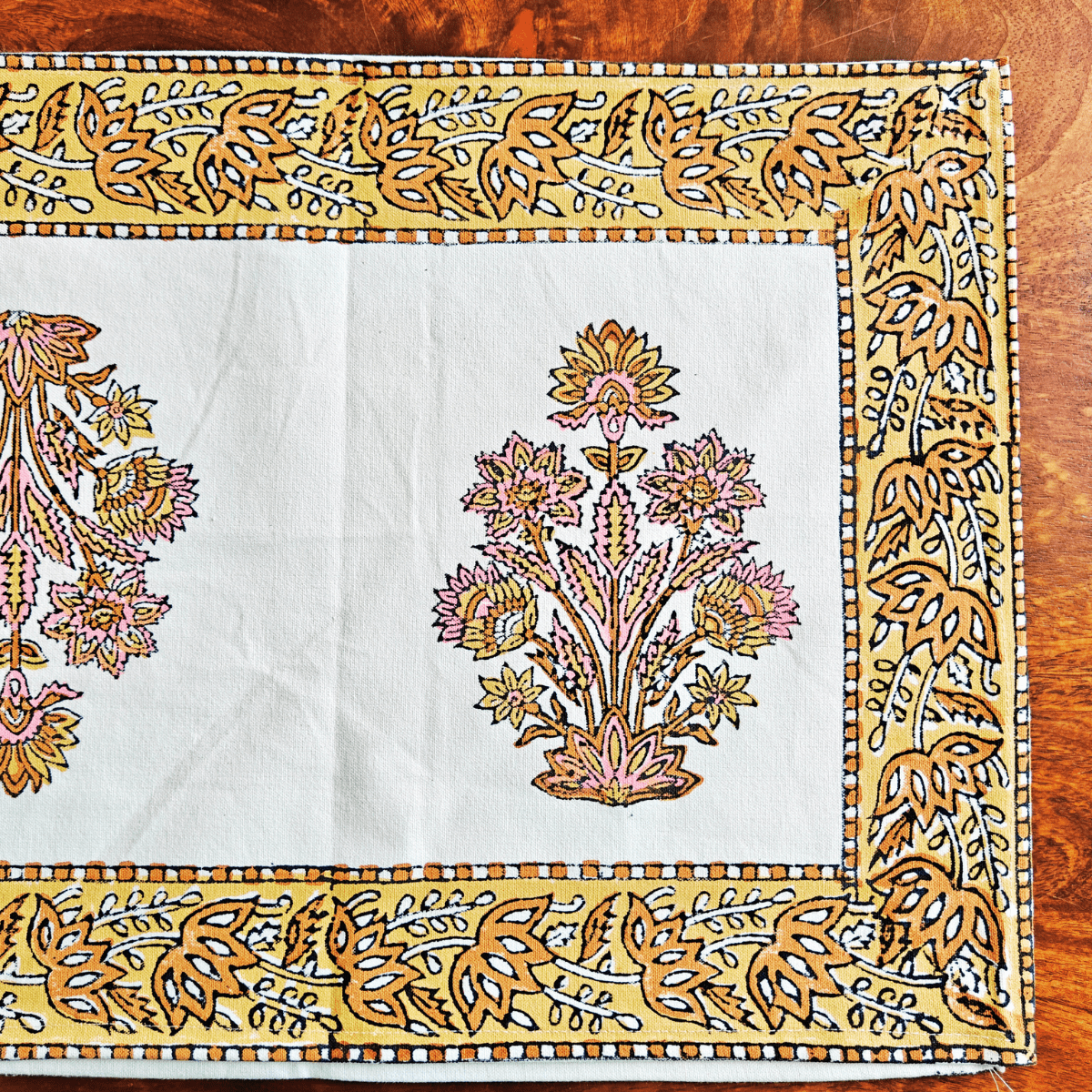 Phoolkari Table Runner, 100% cotton, 13" X 72" - Coral Slub - 