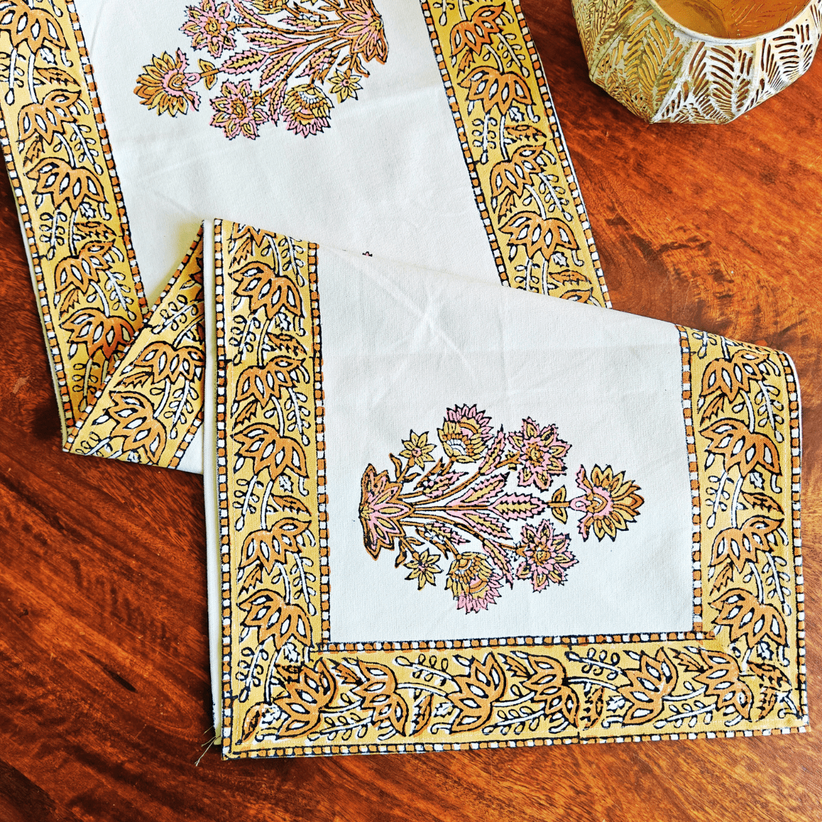 Phoolkari Table Runner, 100% cotton, 13" X 72" - Coral Slub - 