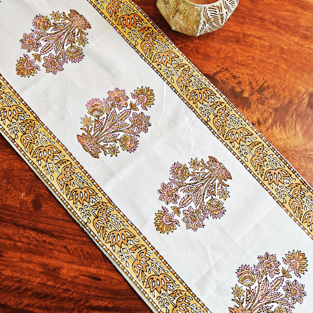 Phoolkari Table Runner, 100% cotton, 13" X 72" - Coral Slub - 