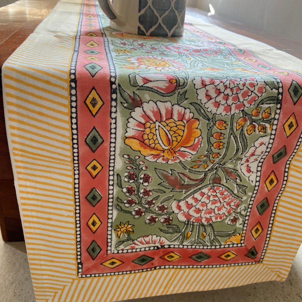 Phulwari Table Runner, 100% cotton, 13" x 72" - Coral Slub - 