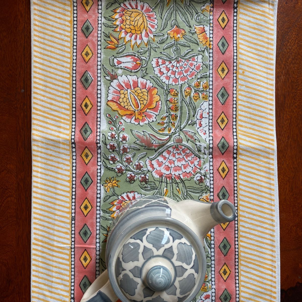 Slub Cotton Table Runner In Coral Color With Hemstitched