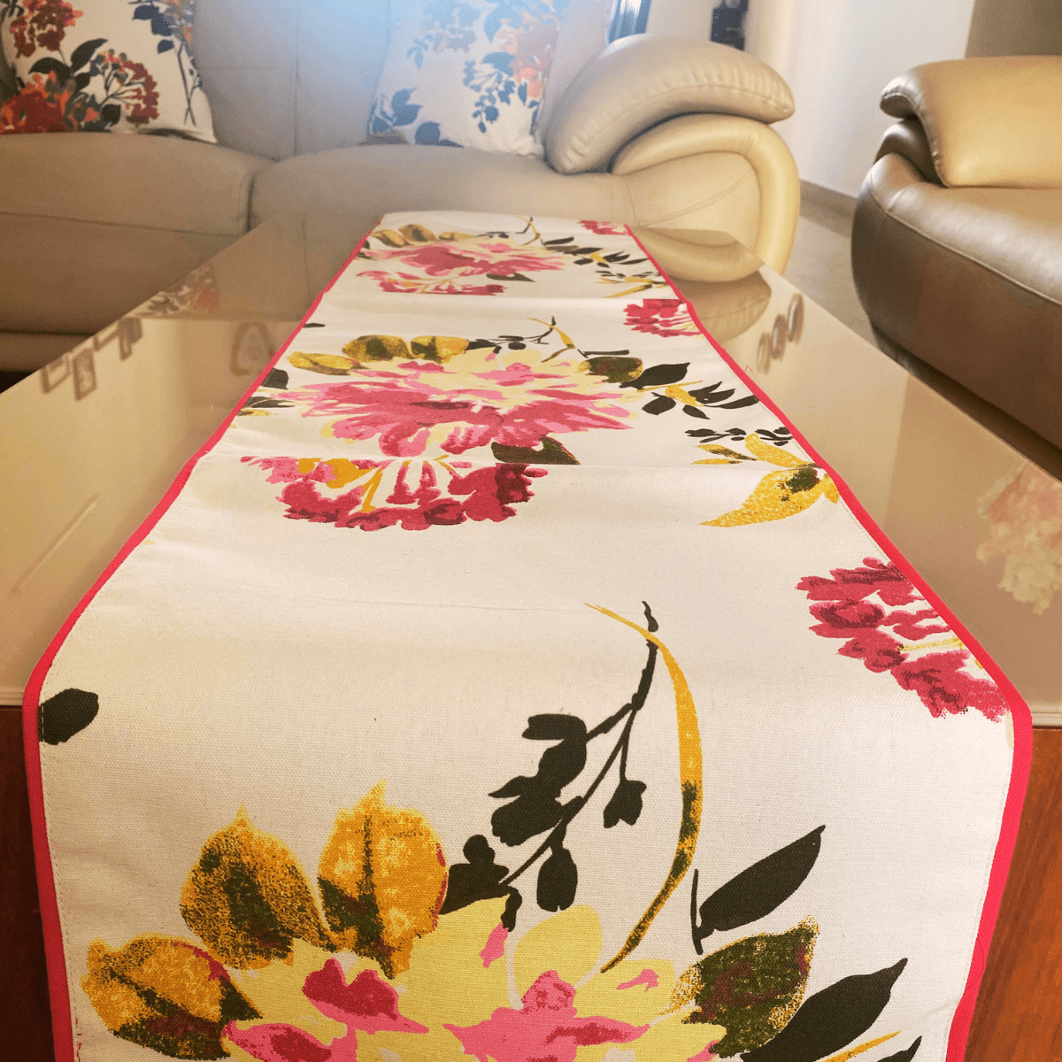 Poppy Printed Table Runner, 100% cotton, 13" x 72" - Coral Slub - 