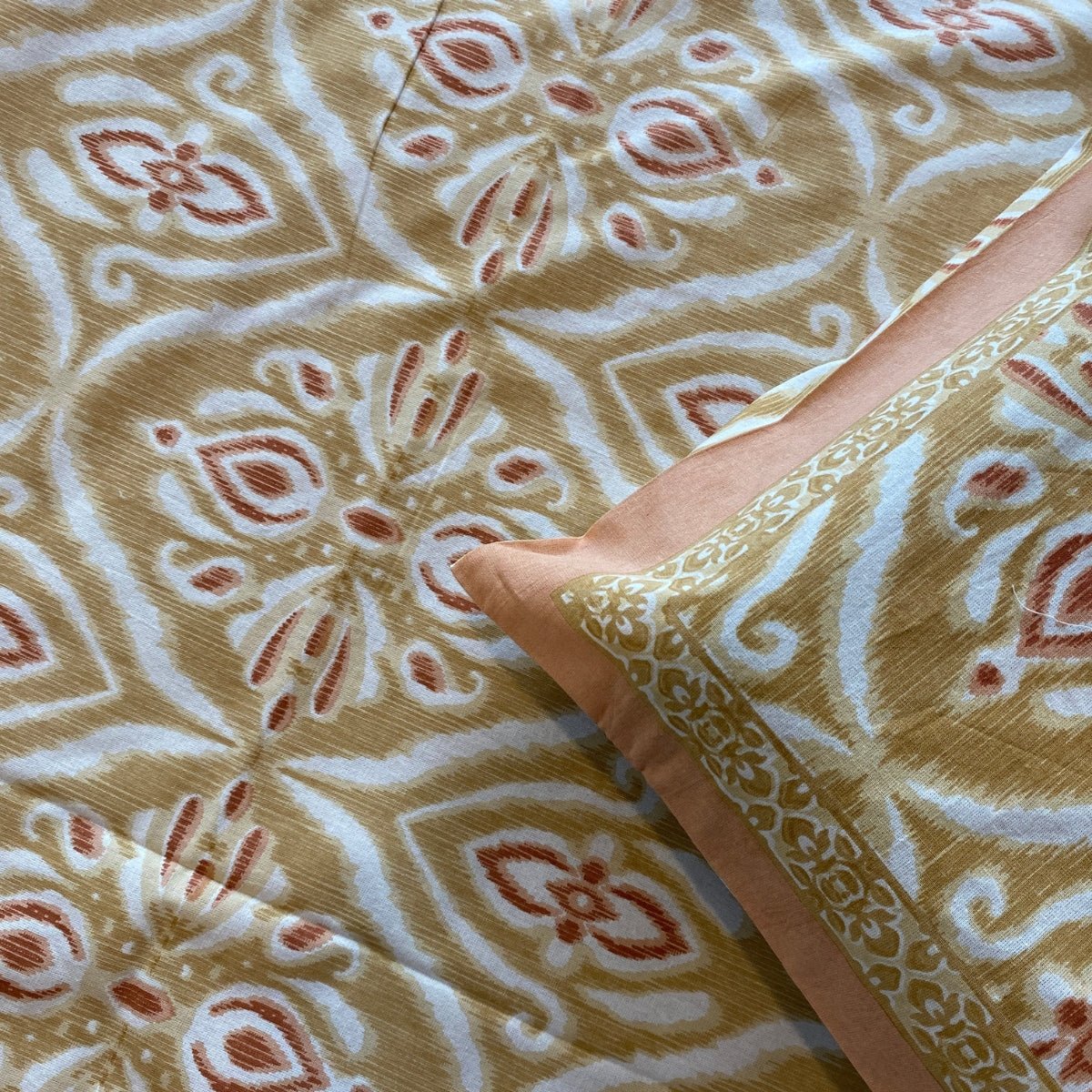 Rajwada Ikat Print Bedsheet Set, King Size, 100" x 108" - Coral Slub - 