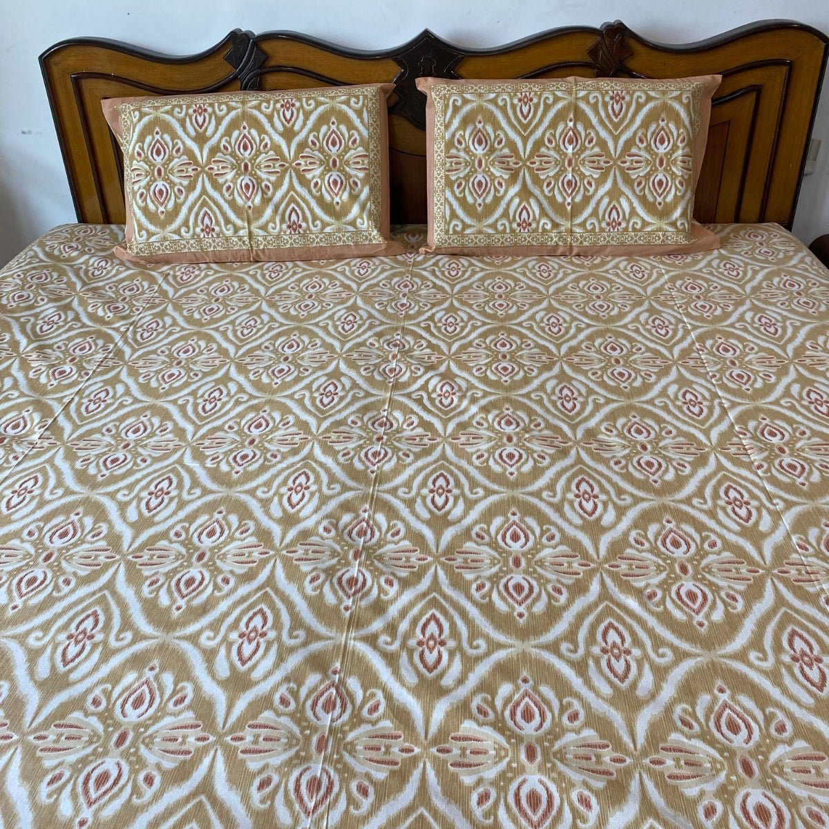 Rajwada Ikat Print Bedsheet Set, King Size, 100" x 108" - Coral Slub - 