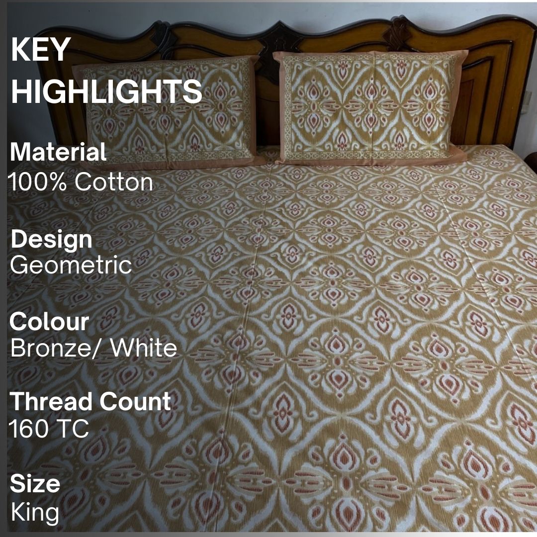 Rajwada Ikat Print Bedsheet Set, King Size, 100" x 108" - Coral Slub - 