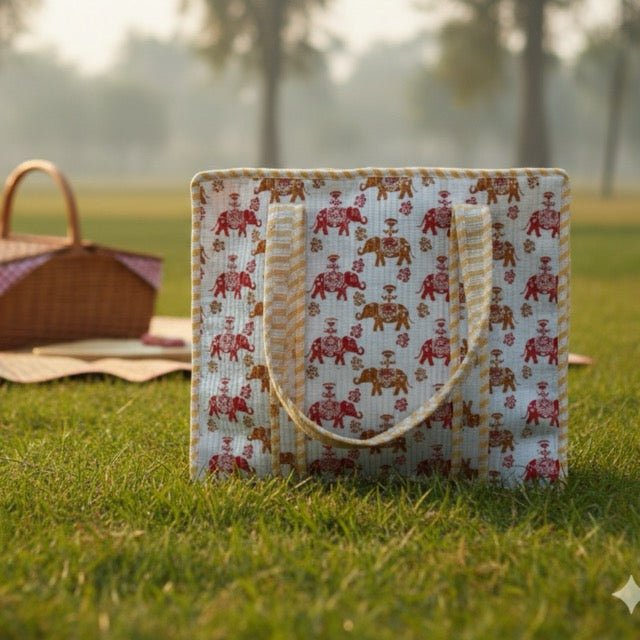Rangila Block Print Tote Bag - Coral Slub - 