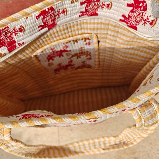 Rangila Block Print Tote Bag - Coral Slub - 