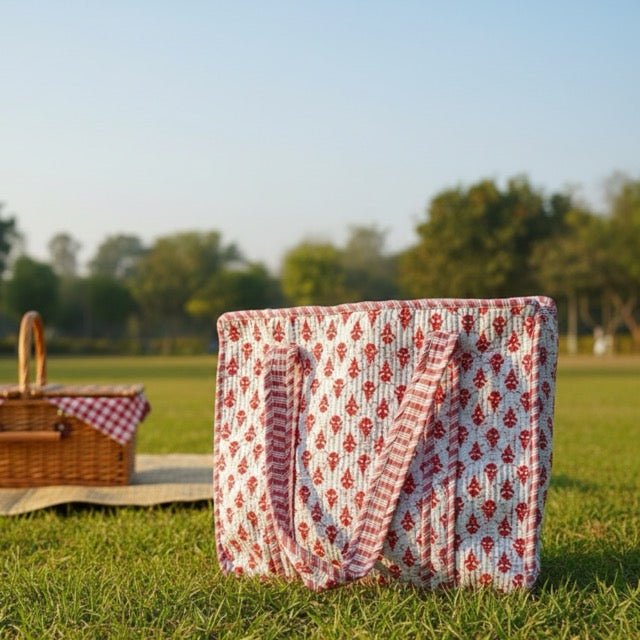 Rangrez Block Print Tote Bag - Coral Slub - 