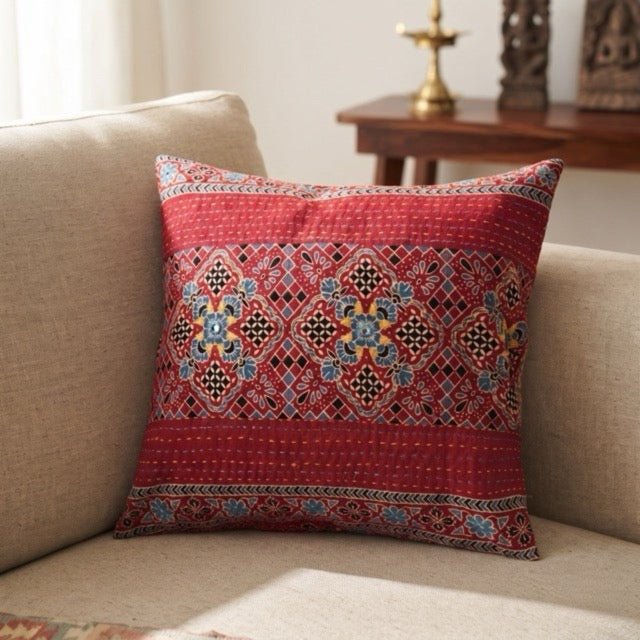 Ratan Ajrak Print Cushion Cover, 16" x 16", Pack of 1 - Coral Slub -
