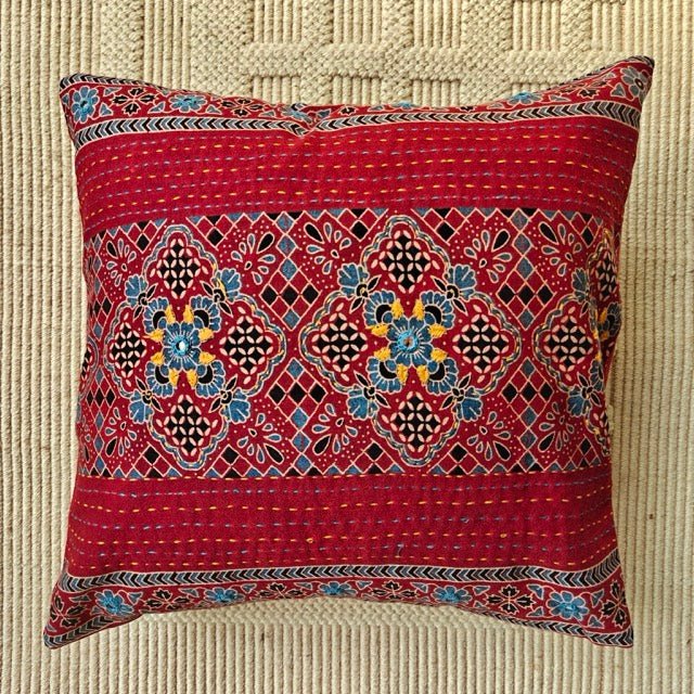 Ratan Ajrak Print Cushion Cover, 16" x 16", Pack of 1 - Coral Slub -