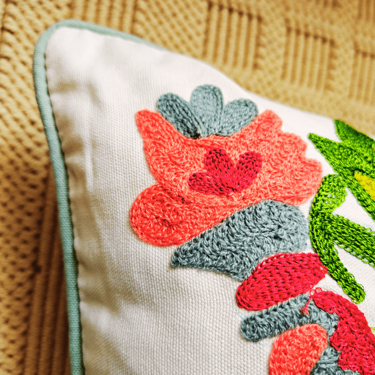 Revaa Embroidered Cushion Cover, 16" x 16", Ecru, Pack of 1 - Coral Slub - 