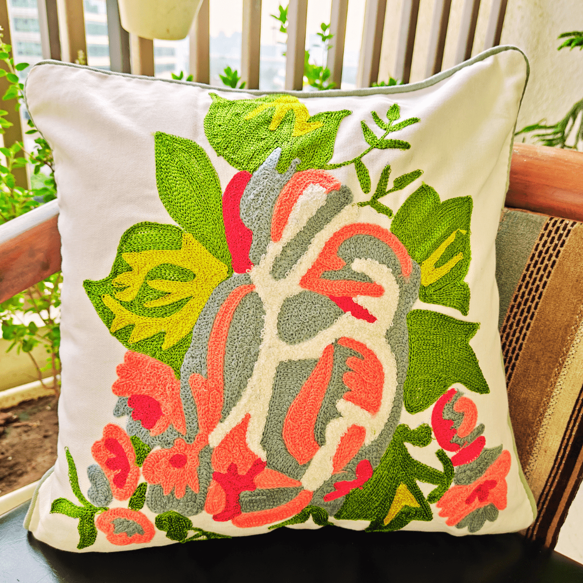 Revaa Embroidered Cushion Cover, 16" x 16", Ecru, Pack of 1 - Coral Slub - 