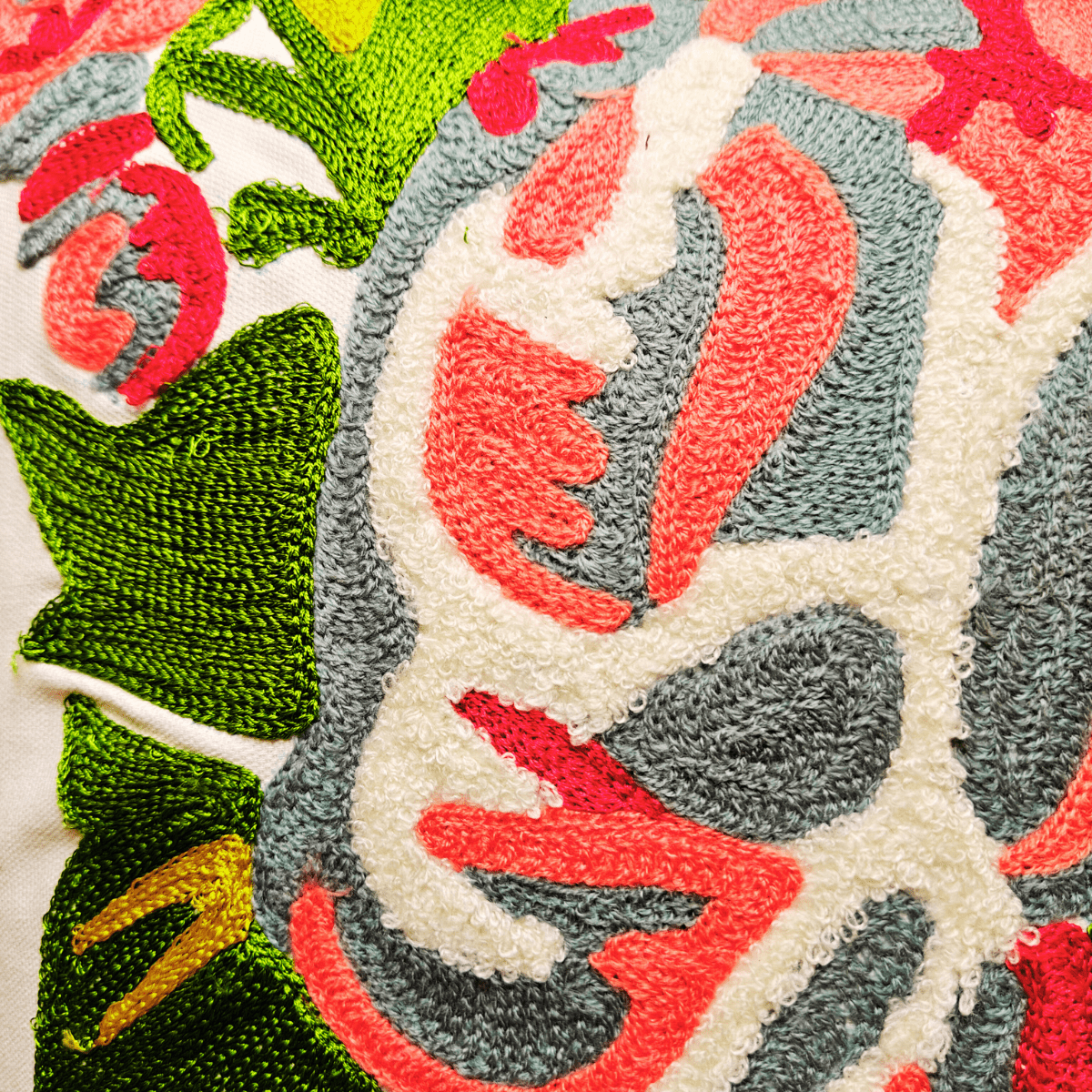 Revaa Embroidered Cushion Cover, 16" x 16", Ecru, Pack of 1 - Coral Slub - 