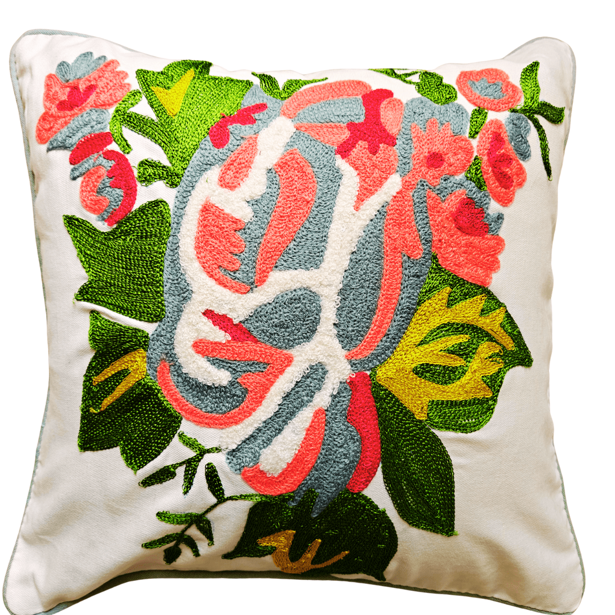 Revaa Embroidered Cushion Cover, 16" x 16", Ecru, Pack of 1 - Coral Slub - 