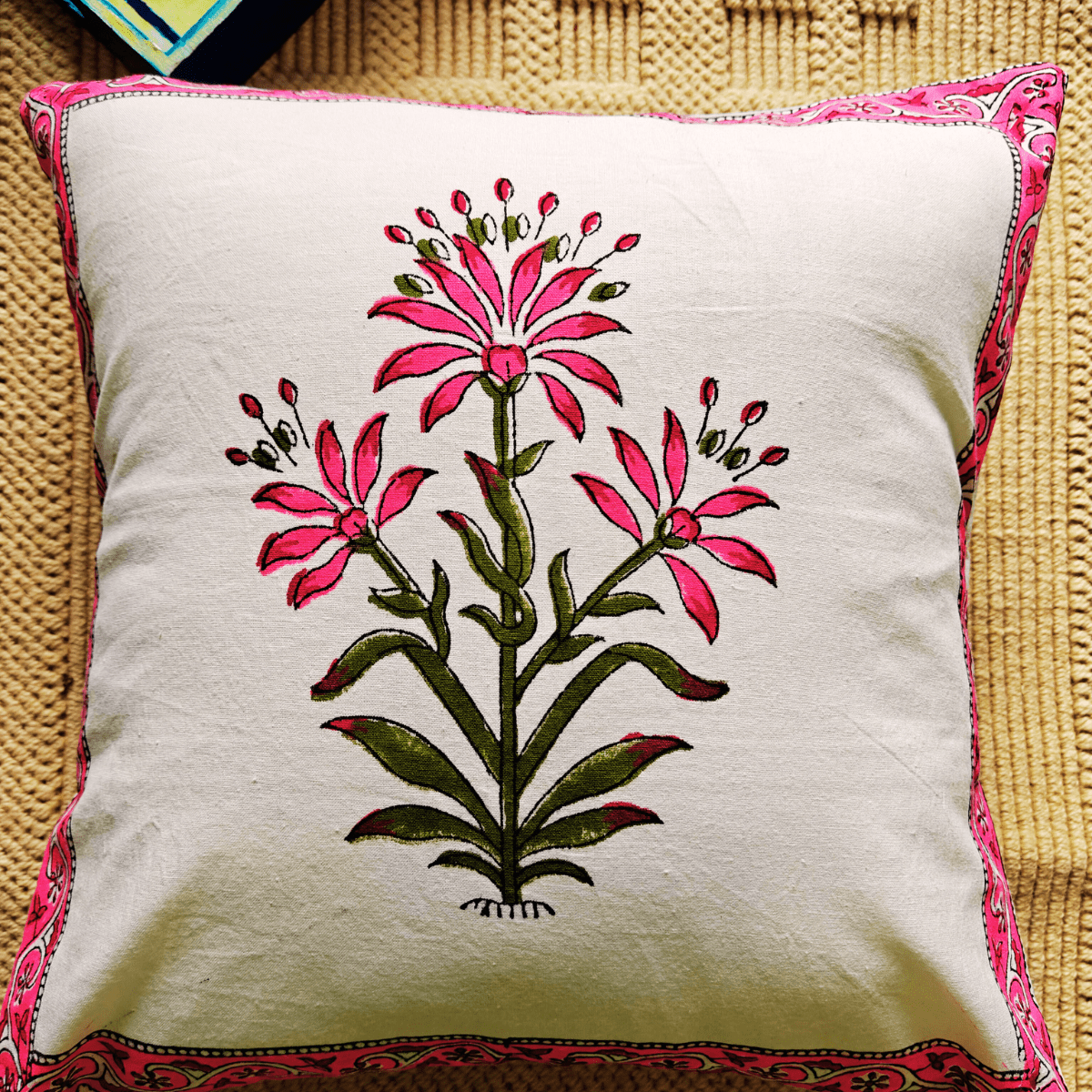Roohi Hand Block Printed Cushion Covers, 16" x 16", Pack of 5 - Coral Slub - 