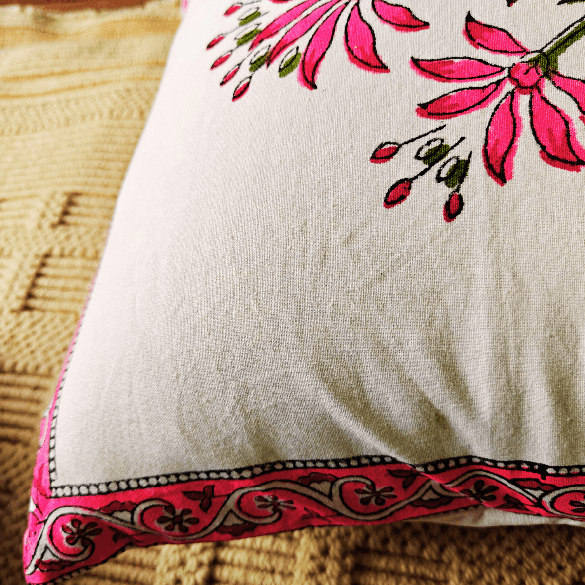 Roohi Hand Block Printed Cushion Covers, 16" x 16", Pack of 5 - Coral Slub - 