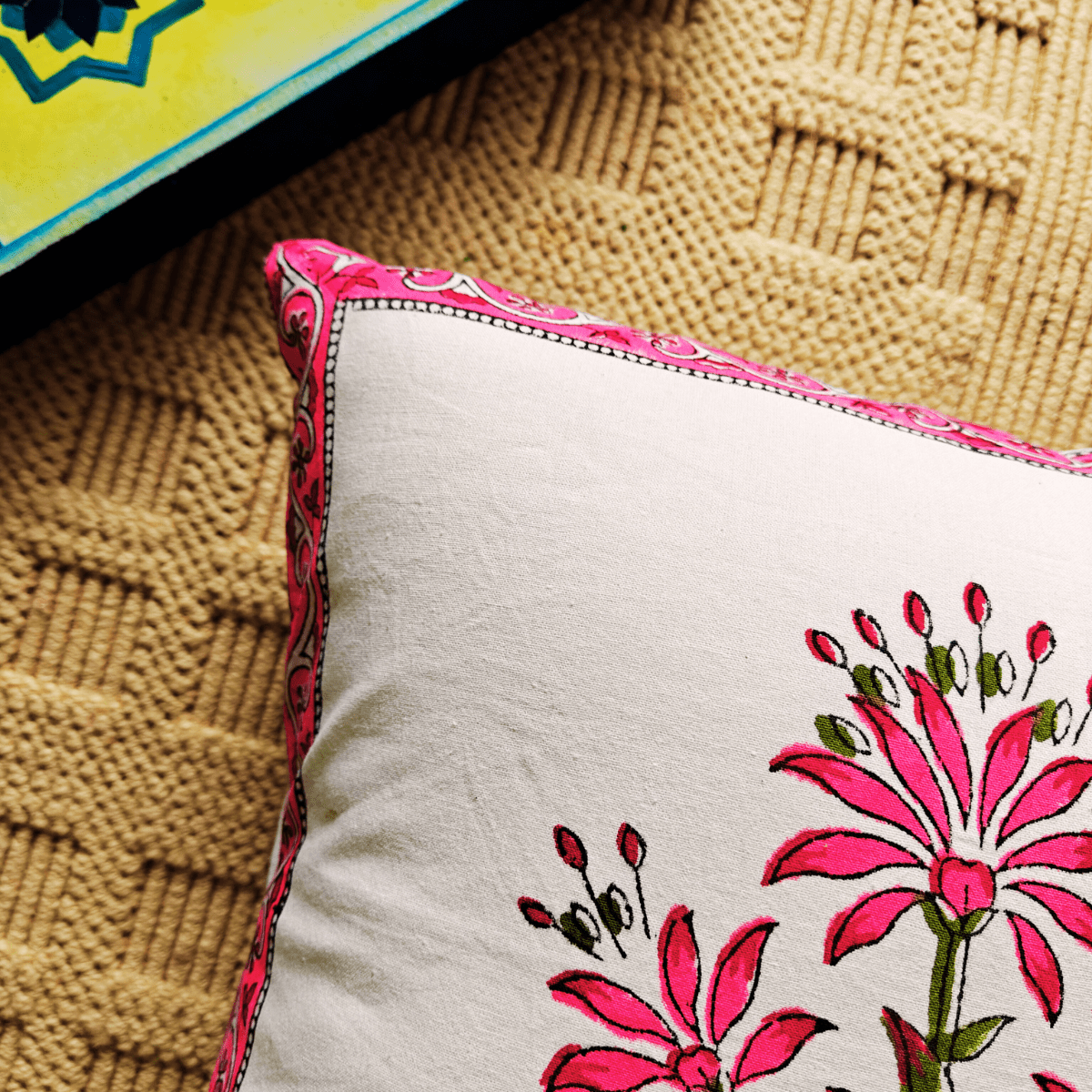 Roohi Hand Block Printed Cushion Covers, 16" x 16", Pack of 5 - Coral Slub - 
