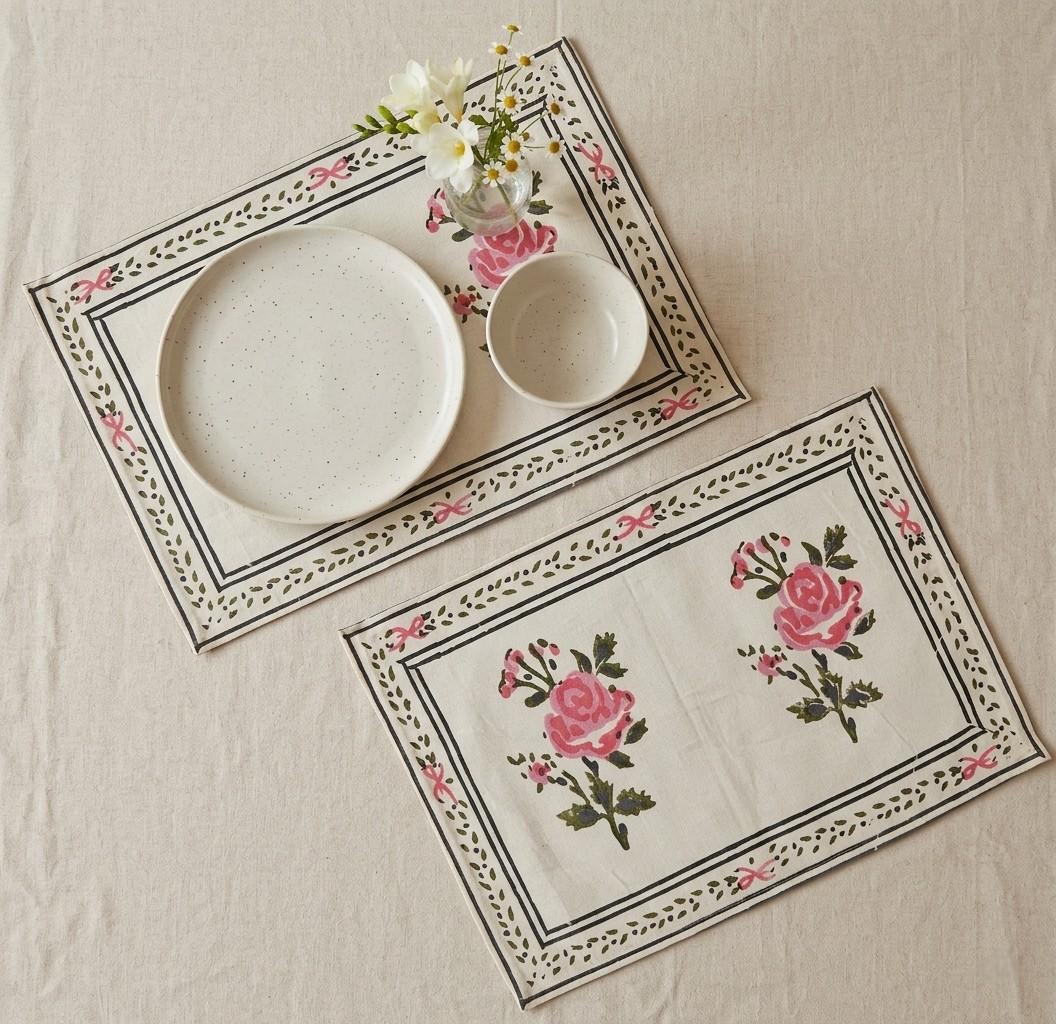 Rose Block Print Placemats - Coral Slub -
