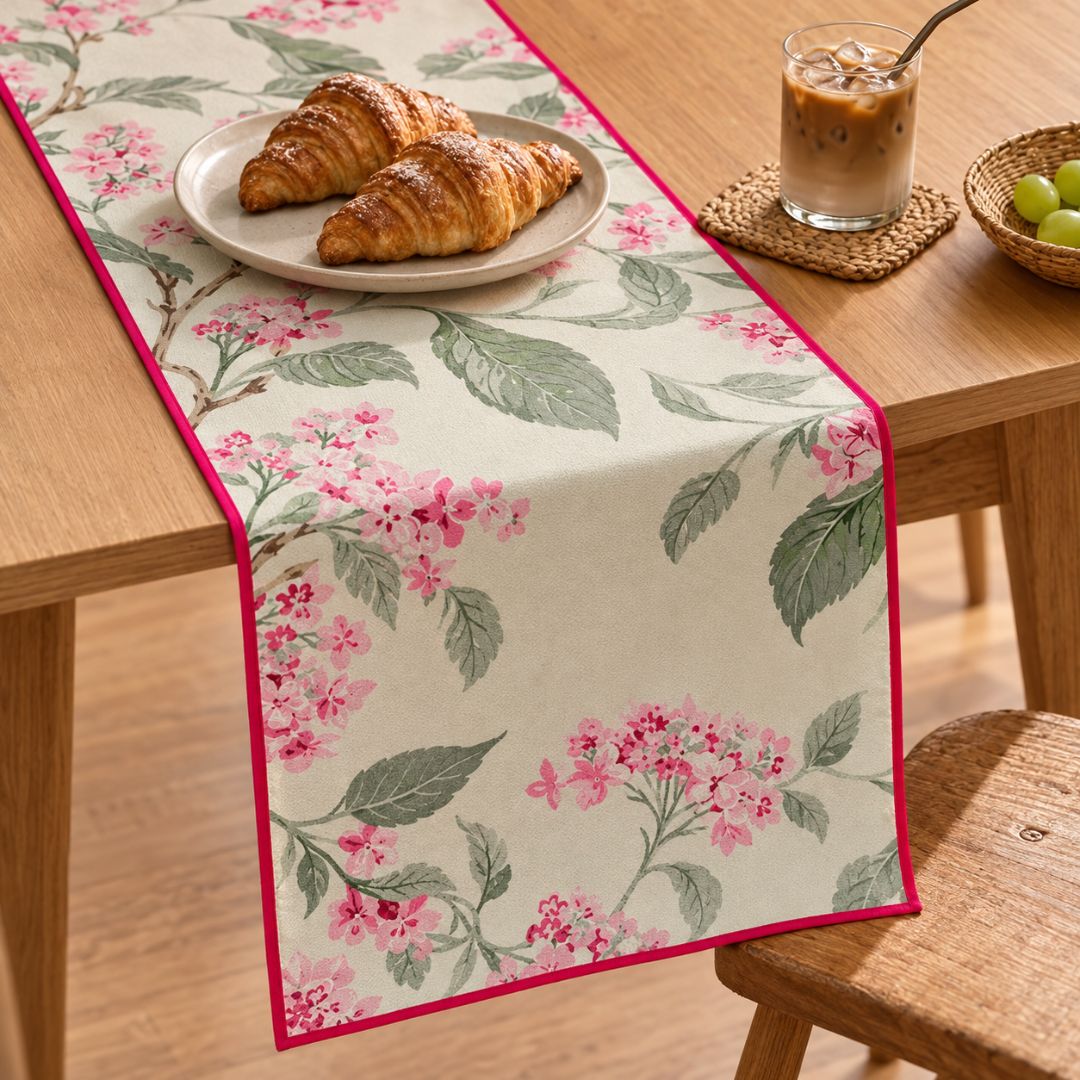 Rose Garden Floral Print Table Runner - Coral Slub -