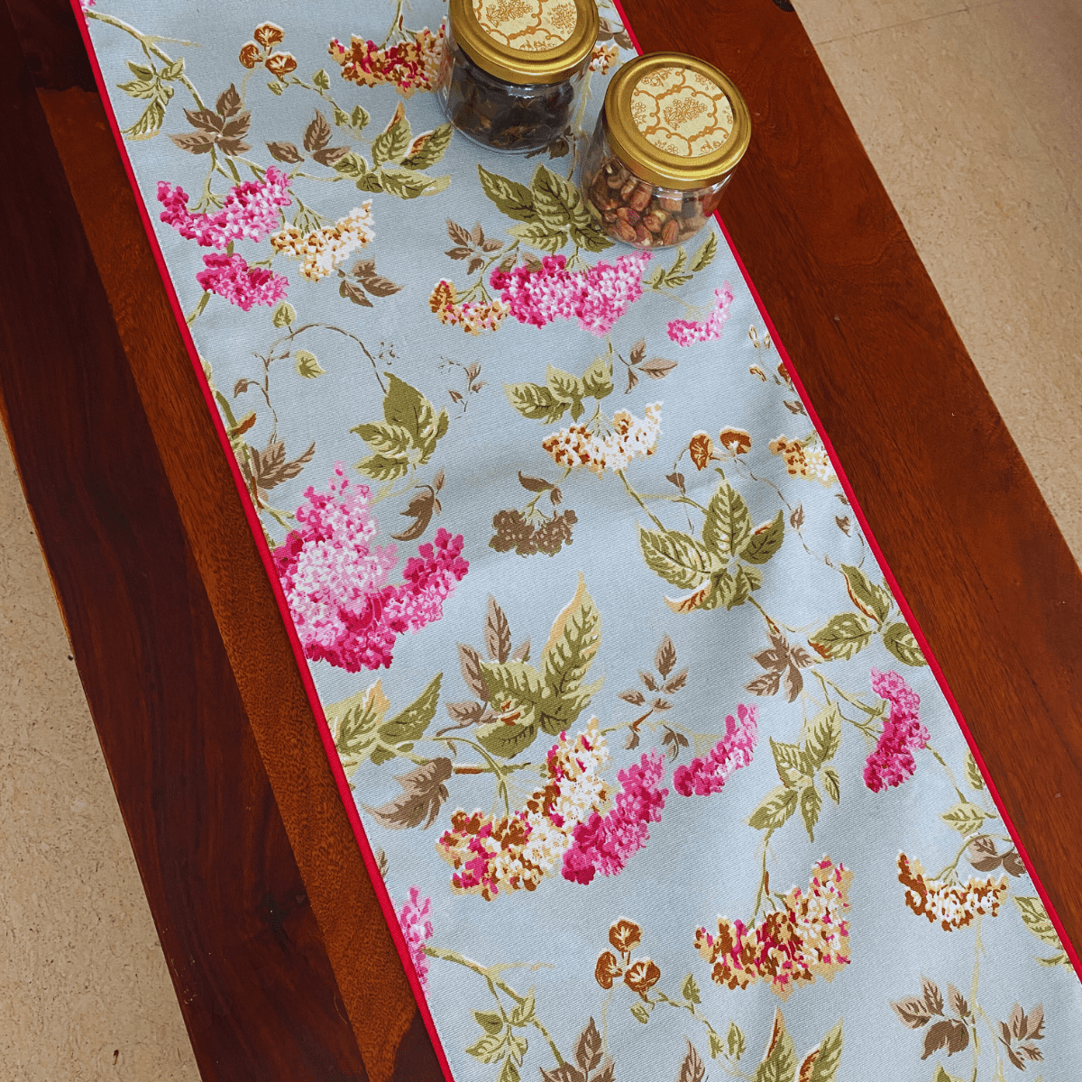 Rose Printed Table Runner, 100% cotton, 13" x 72" - Coral Slub - 