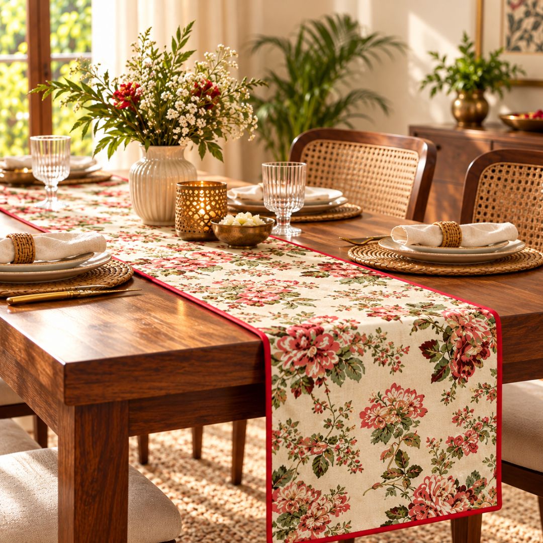Rosevine Dining Combo – Floral Table Runner & 6 Placemats - Coral Slub -