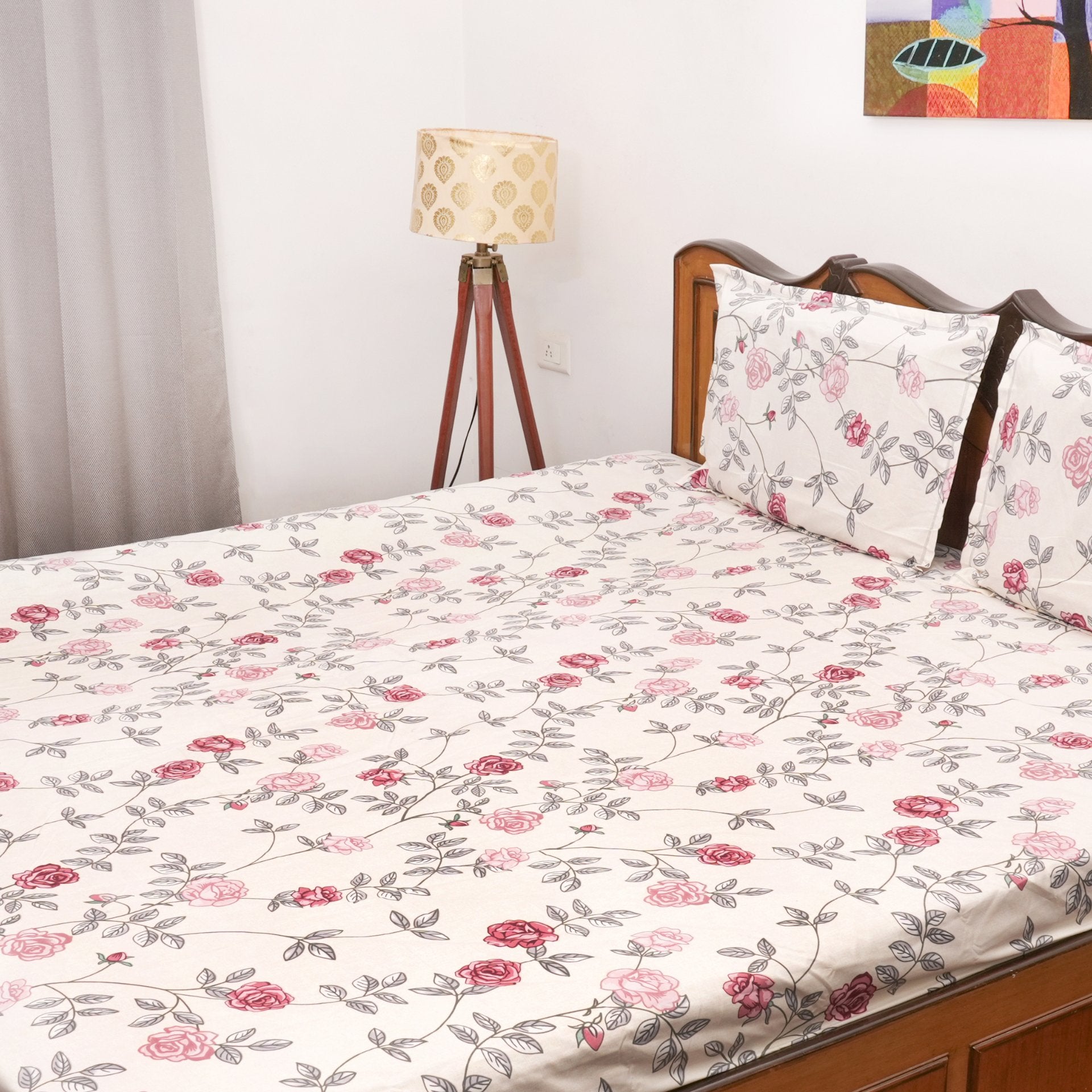 Rosevine Double Bed Sheet Set, 90" x 100" - Coral Slub - 