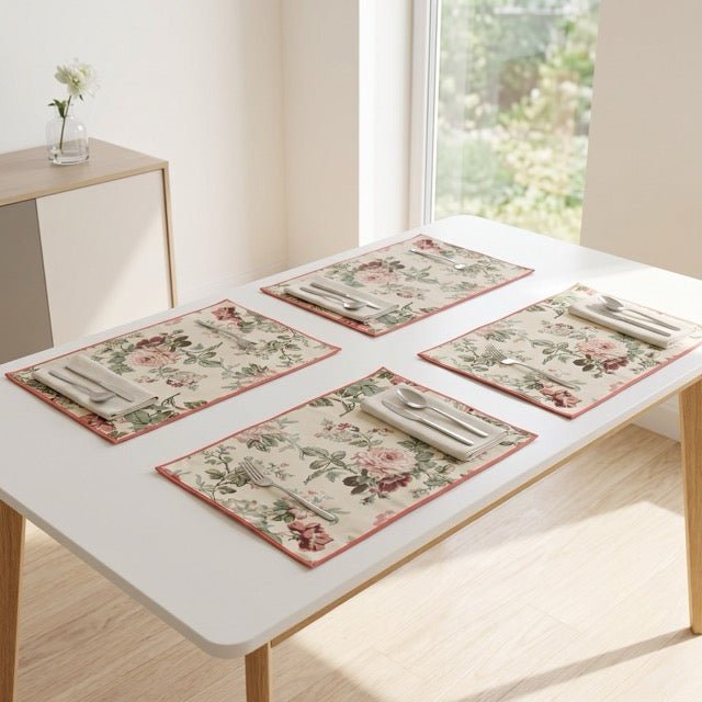 Rosevine Printed Placemats – Cotton Canvas – Set of 6, 12" x 18" - Coral Slub -